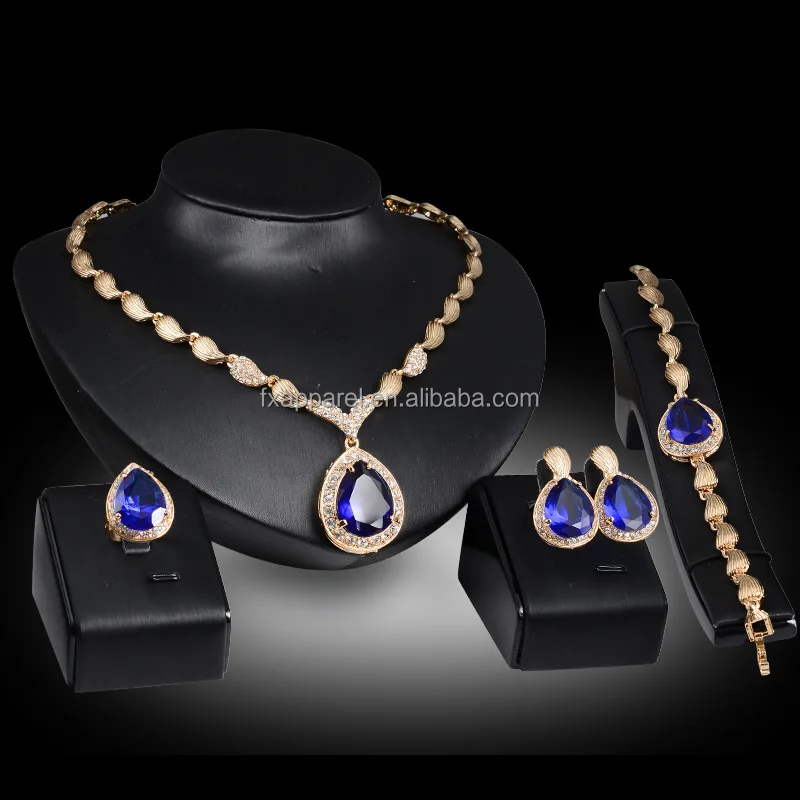 
Beautiful Sapphire Rhinestone Alloy Jewelry Set Necklace Earring Bracelet Ring Sets Wholesale G0120 