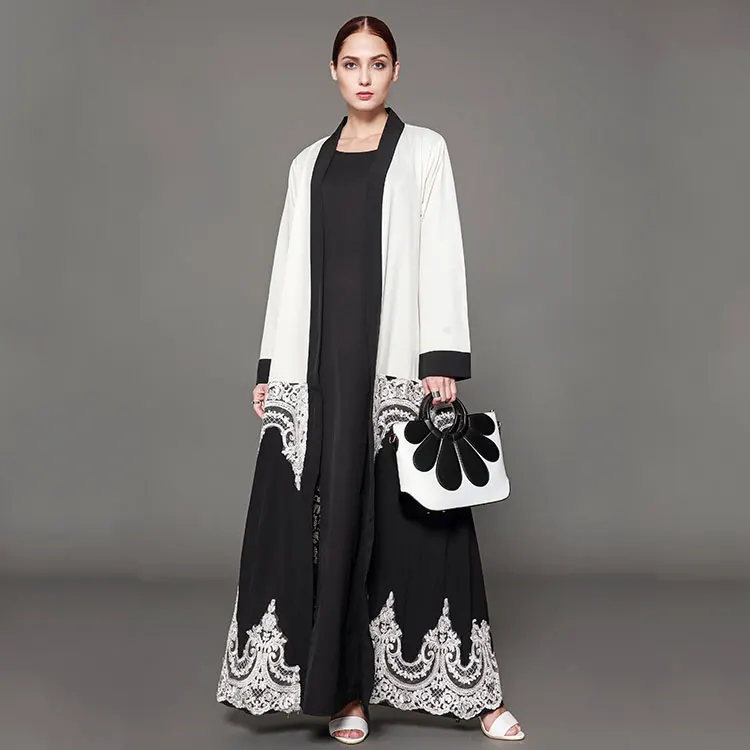 Hot sale China factory stylish design front open lace muslim wear abaya coat dubai