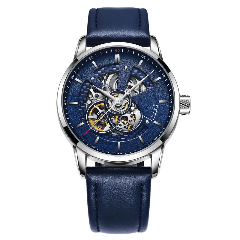Модные стильные мужские часы Oem с индивидуальным логотипом, механические Автоматические повседневные полые часы с кожаным ремешком (62056733343)