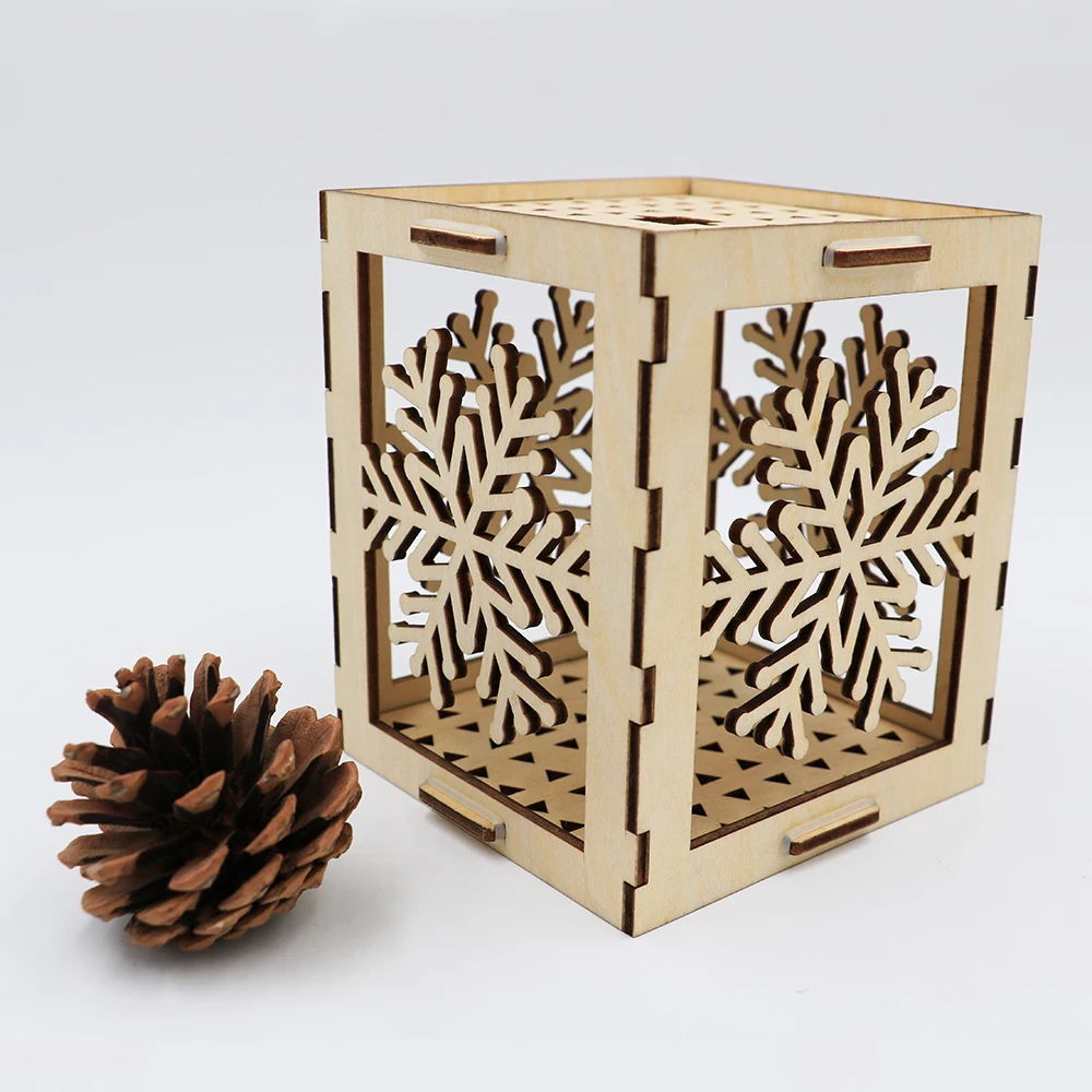 Laser cut Christmas Tree Wooden Box with Light LED Lantern