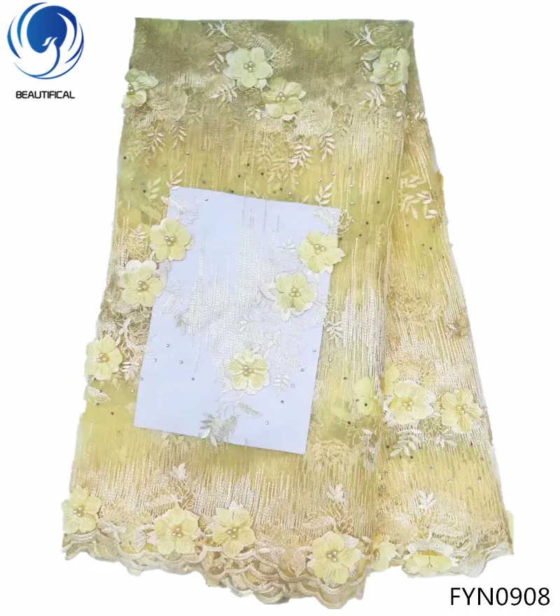 Beautifical tulle french mesh lace wholesale wedding beaded fabric 3D flower net lace FYN09