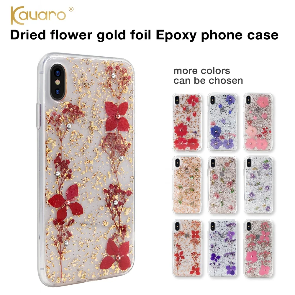 Luxury Bling Glitter Real Flower Cell Phone Mobile Cover Hard Phone Case for iPhone X/XS/XR/XS Max