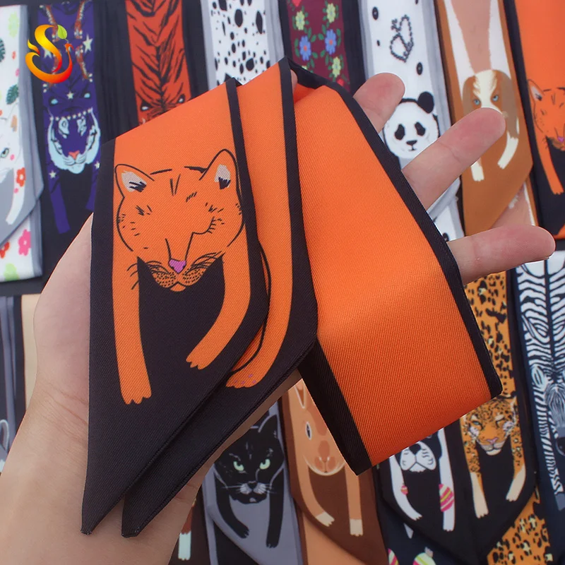 
European and American animal printed polyester silk twill scarves narrow binding bag handle small silk scarf wholesale 