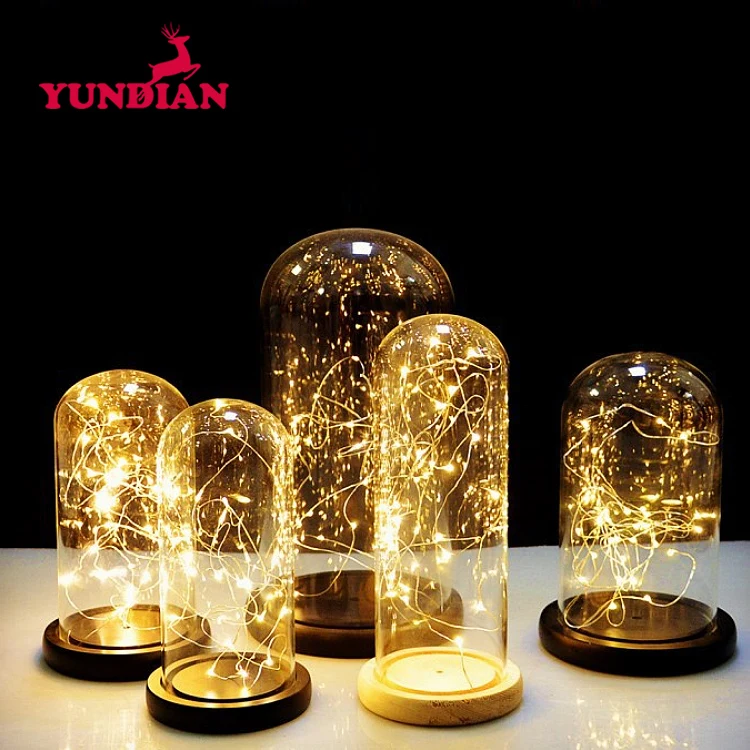 Wholesale Different Size Large Display Bell Cloche Jar Transparent Clear Glass Dome With Led Lights And Wood Base For Home Decor