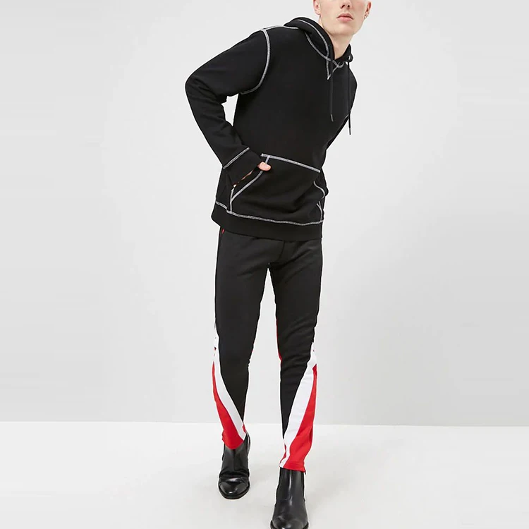 mens pullover hoodie french terry drawstring hood long sleeves ribbed trim topstitching plain hoodies