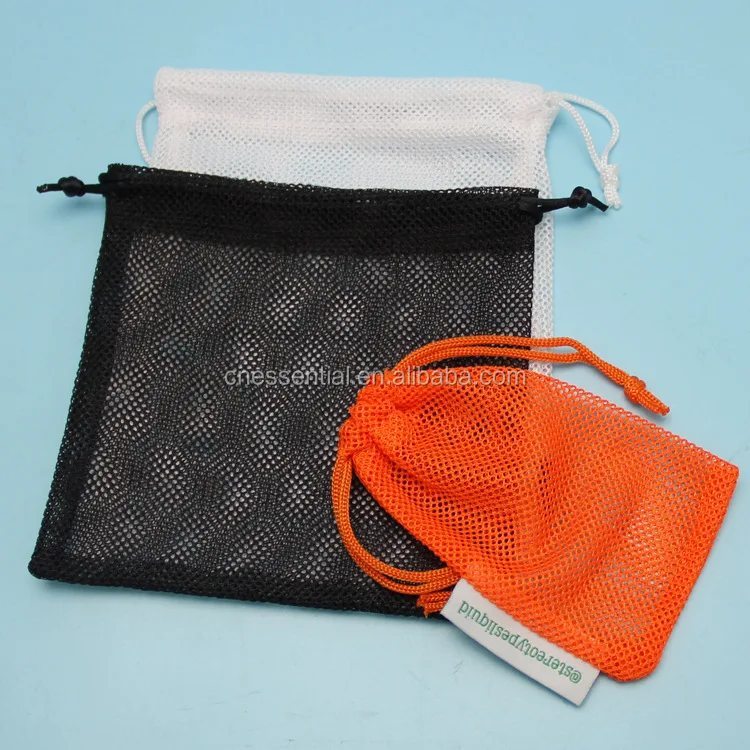 Small nylon cheap drawstring mesh net pouch bag with customized woven label