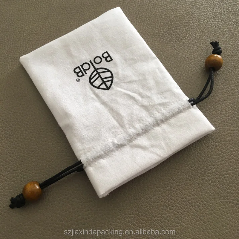 White Cotton Drawstring Pouch With Bead