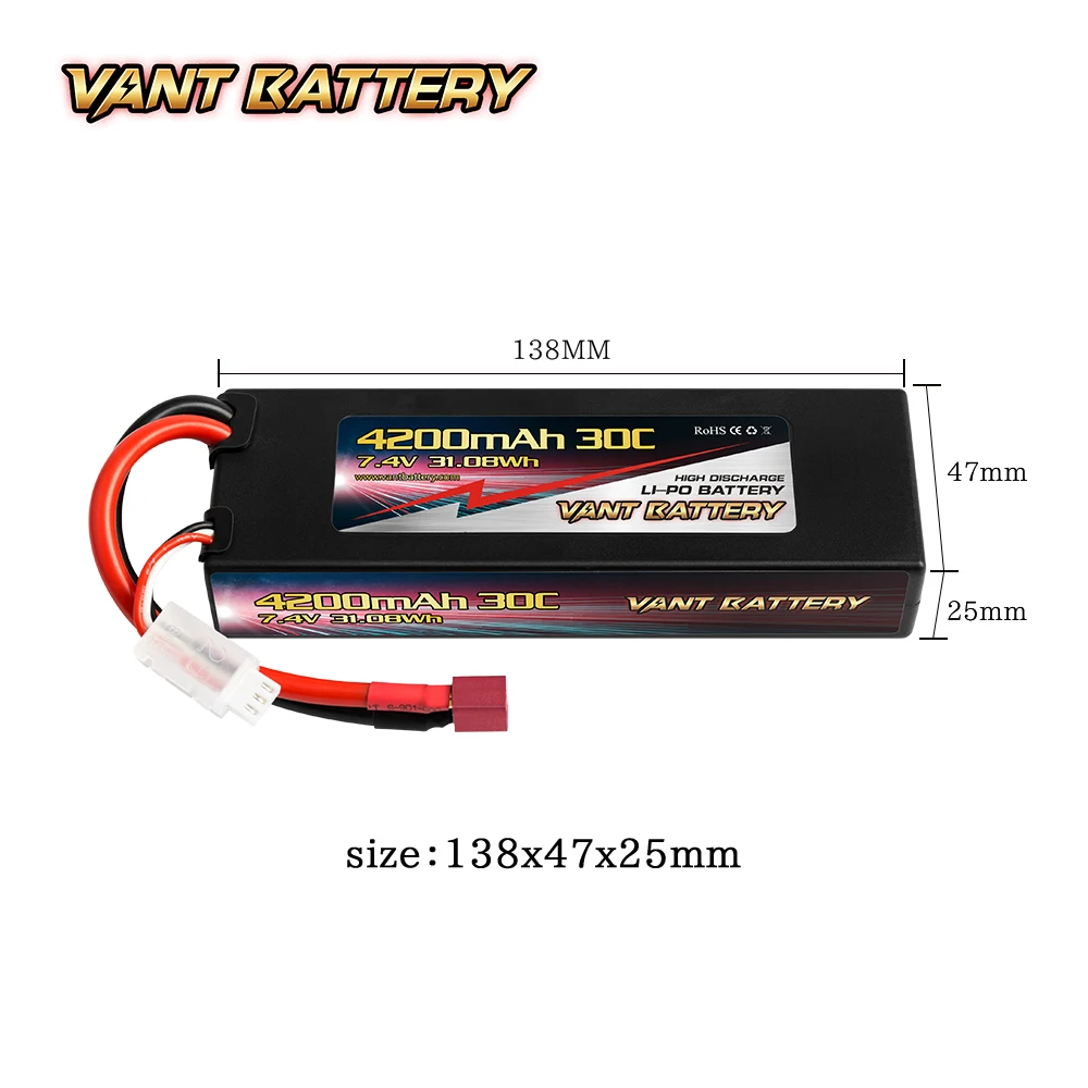 VANT BATTERY 4200mah 30c 7.4V 2S hard case lipo battery with deans plug for rc car