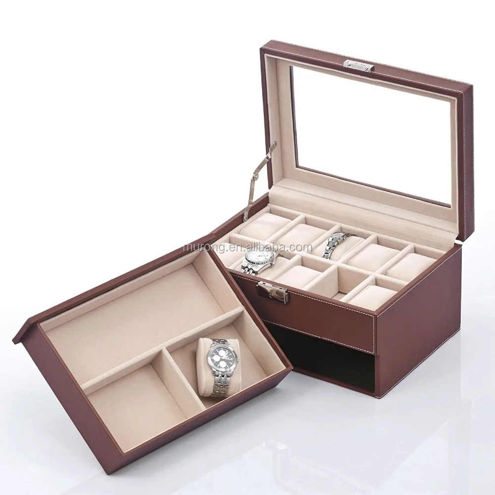 Drawer glass top lockable leather wrist watch box , 10 watch box with jewellery display