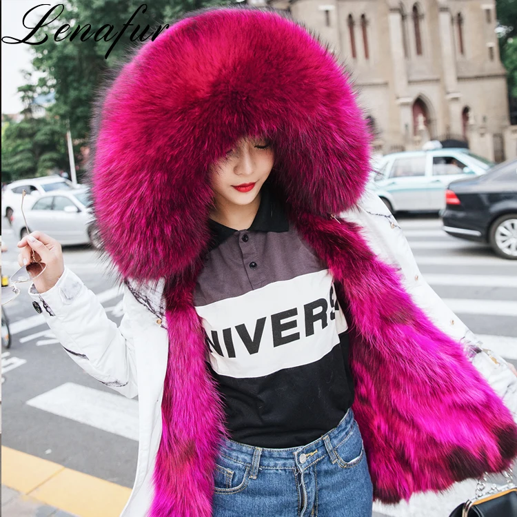 Устройство для создания живописи китайской тушью стиль Женская куртка с мехом, 9 видов цветов средней длины из натурального меха енота, парка с капюшоном, длинная куртка, Меховая Куртка парка для женщин