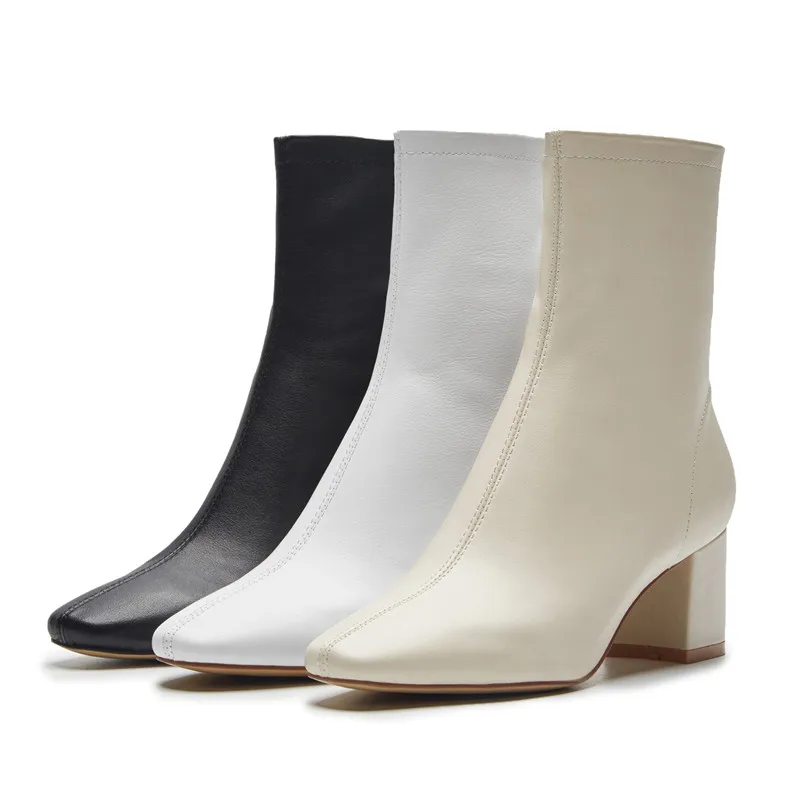 WETKISS OEM Custom Brand Ladies Winter Boots Square Toe White Leather Boots High Heels Ankle Booties Fashion Women Boots Shoes