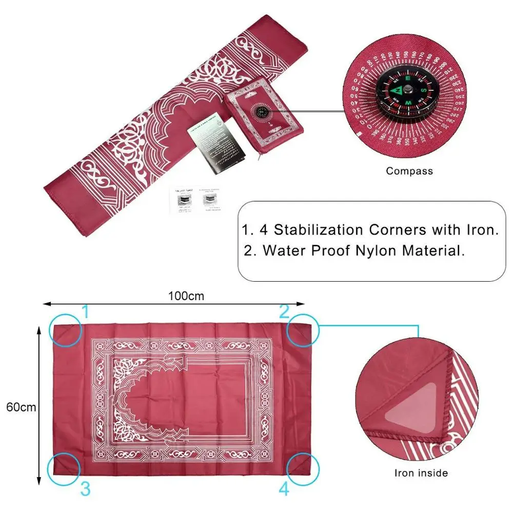 Islamic travel pocket sejadah muslim prayer mat with compass wholesale manufacturer for five colors.