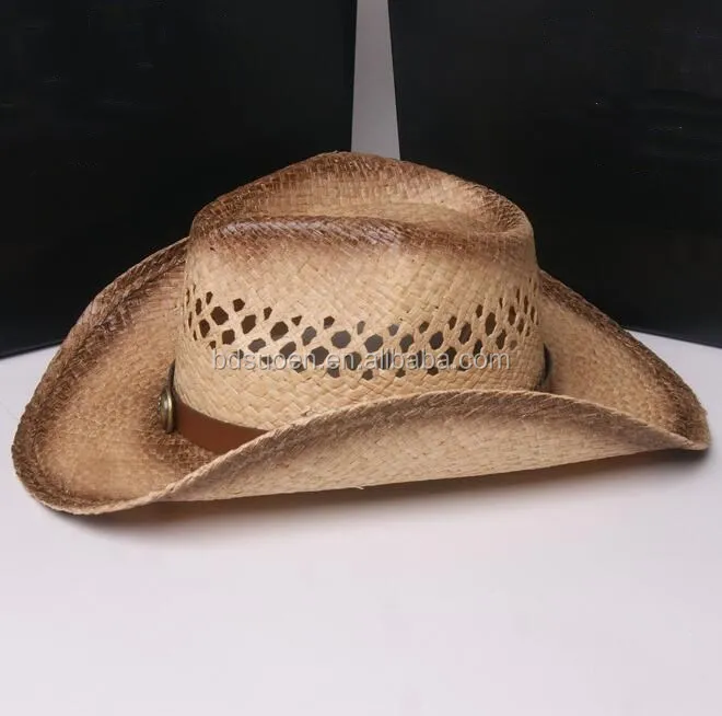 Hollow Design Vintage Print Raffia Straw Cowboy Hat with Fake Leather