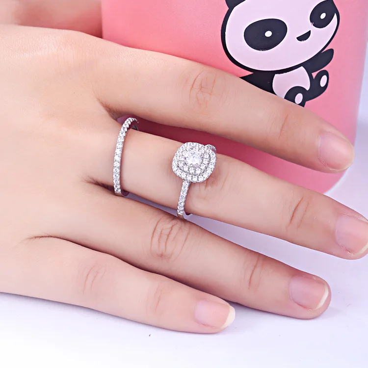 925 sterling silver jewelry Cubic Zircon double halo Engagement Wedding ring bridal set