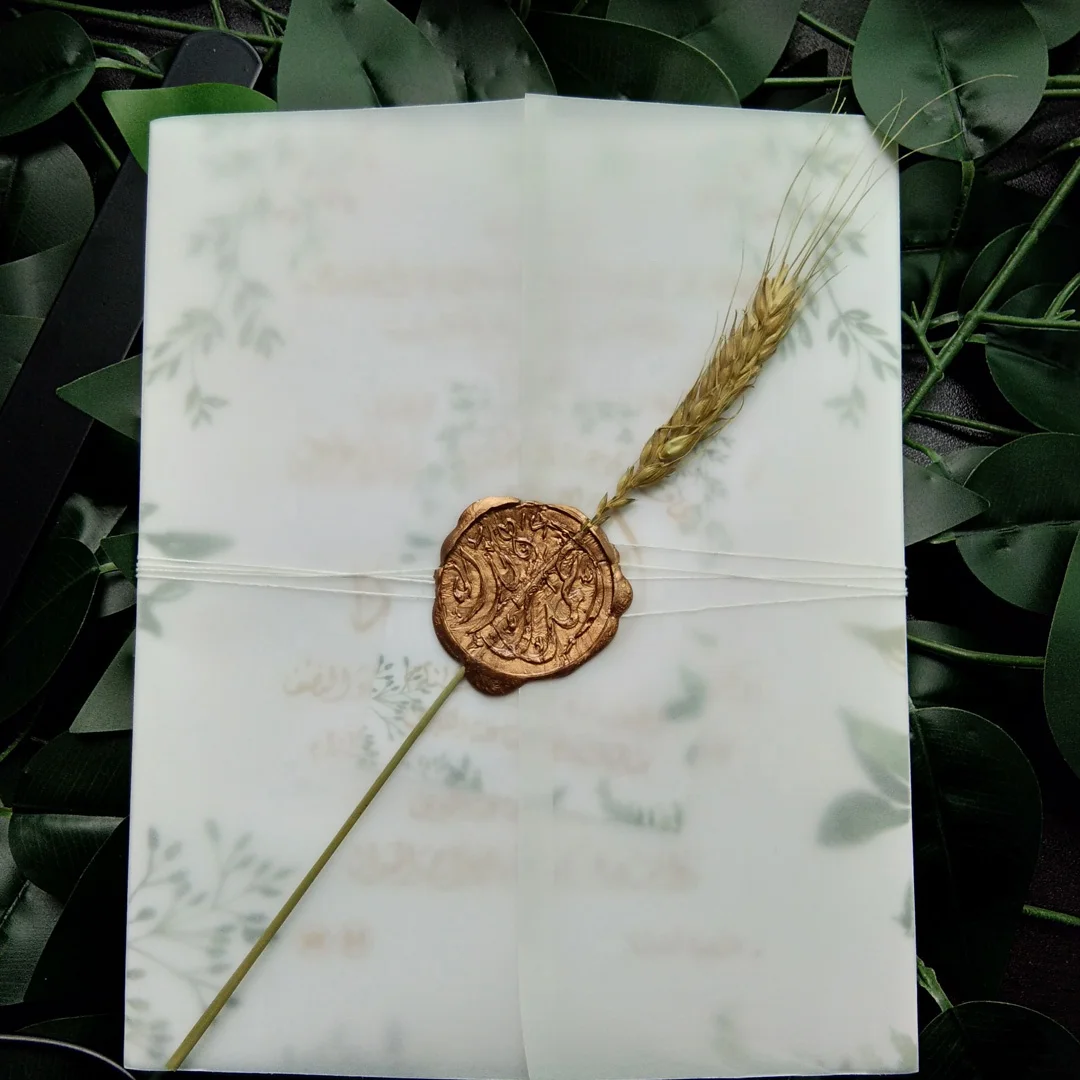 
Custom Elegant Greenery Design Tracing Paper Wedding Invitations with Butter Fold Card and Wax Seal 