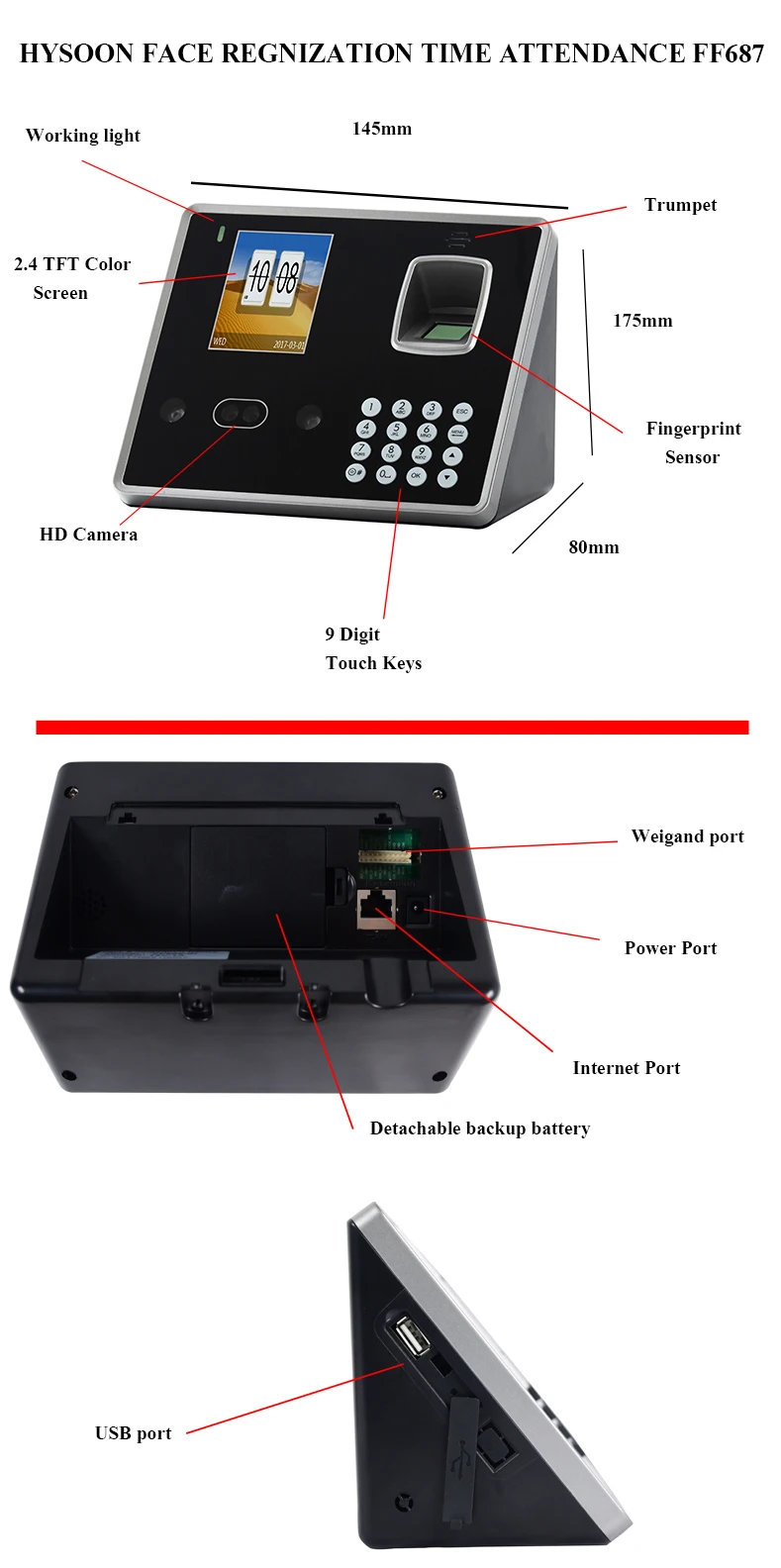 Hysoon Biometric Face Fingerprint and Card Time Attendance Systems FF687