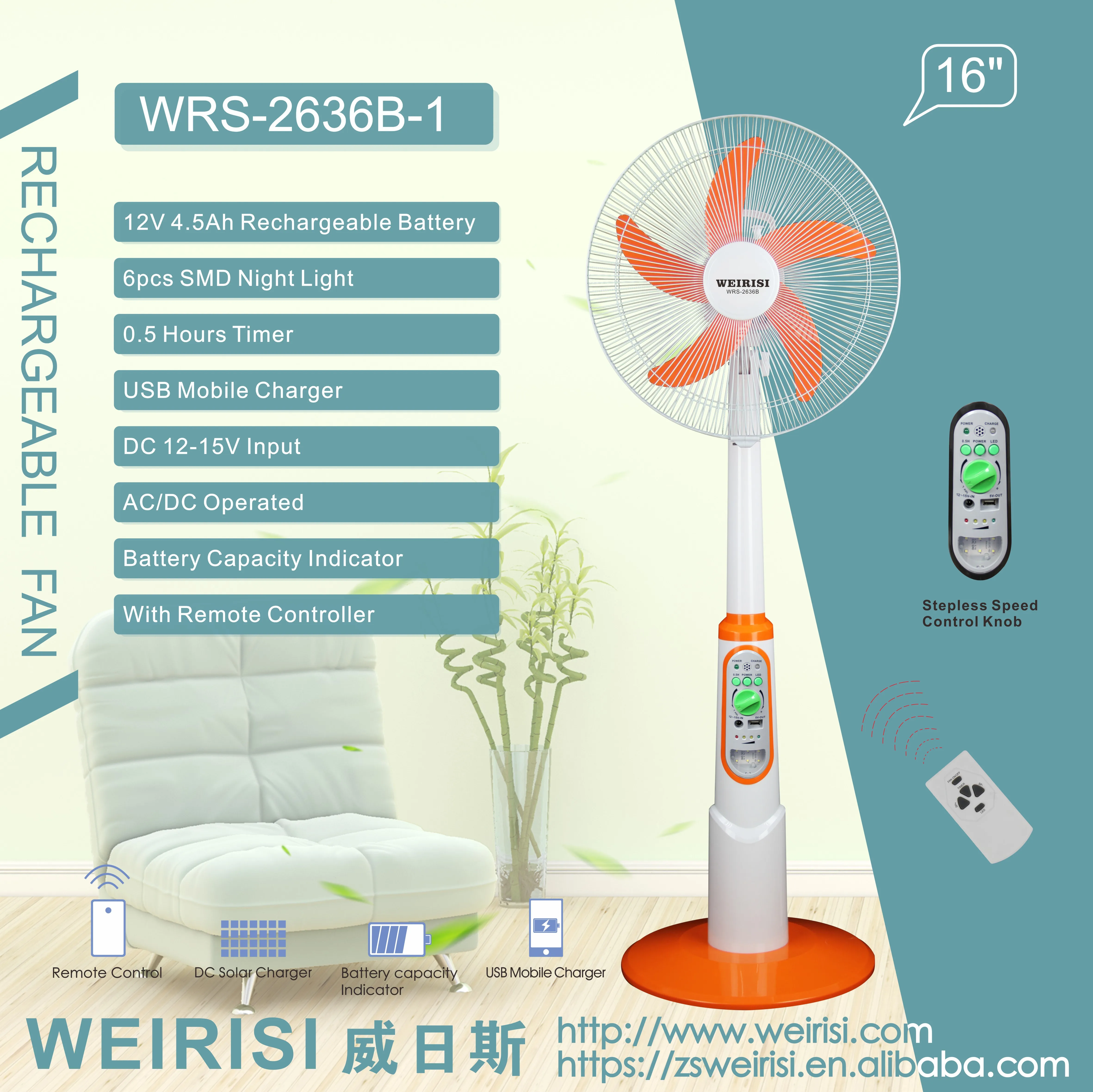 
WEIRISI WRS-2636B Stand 16 inches Air Floor Fan 