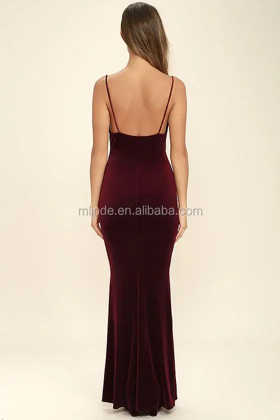 Guangzhou Wholesalers Elegant Spaghetti Strapes Sexy Bodycon Burgundy Velvet Floor Length Evening Dress For Mature Women Ladies