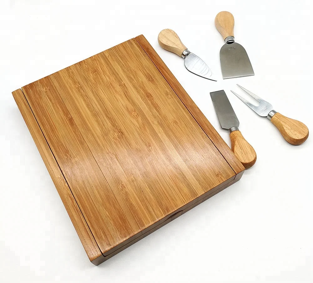 
natural bamboo cheese cutting storage box with 4pieces knife set 