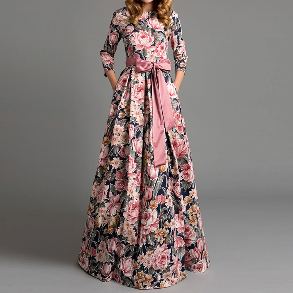 Elegant Bohemian printing long O-neck 3/4 sleeve big hem women spring summer dress