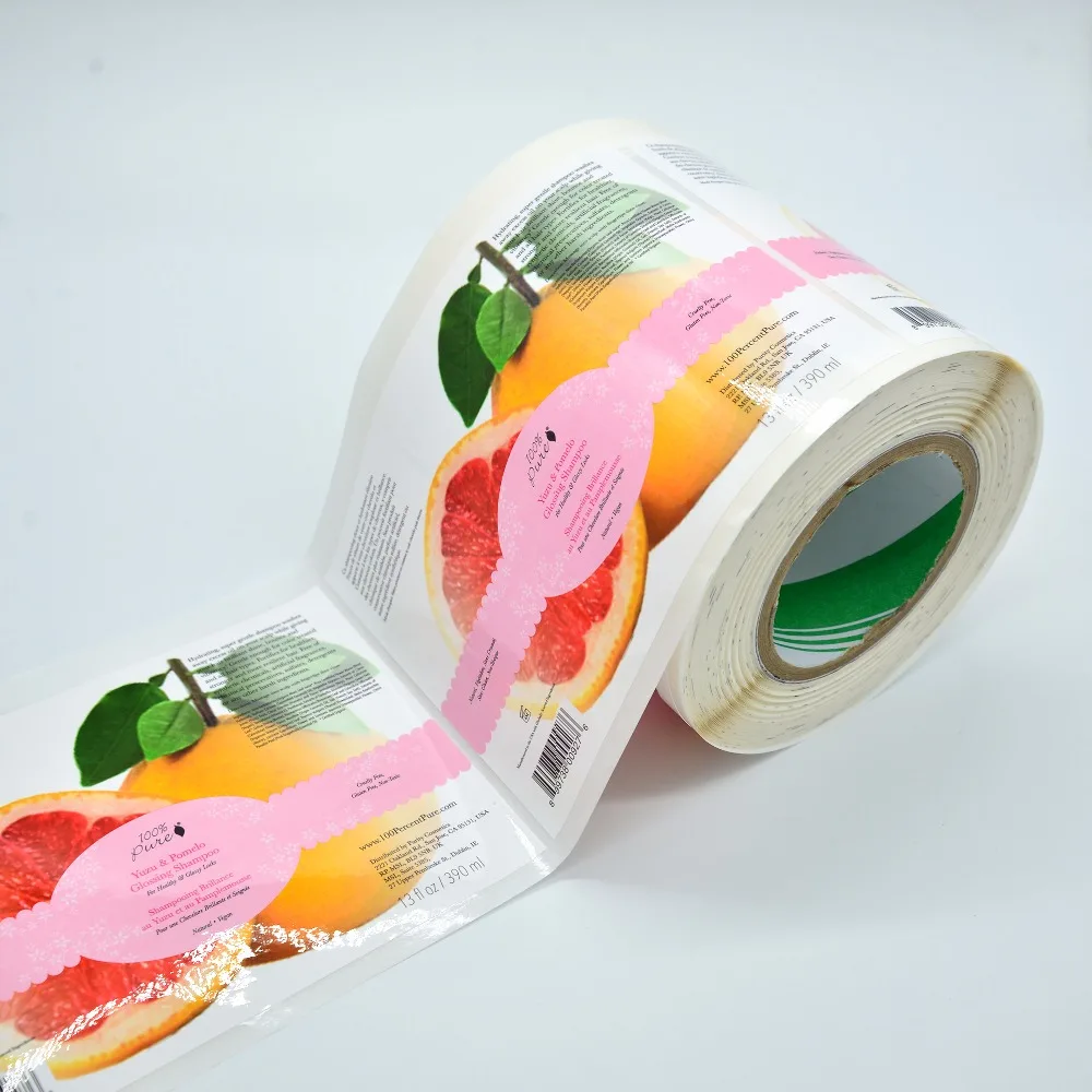 Custom high-end printed cheap label stickers with die-cut uprolled shampoo cosmetics bottles