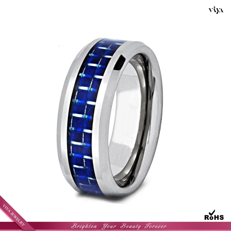 Unique Exquisite Nice Polish blue fabric inlay Tungsten Rings