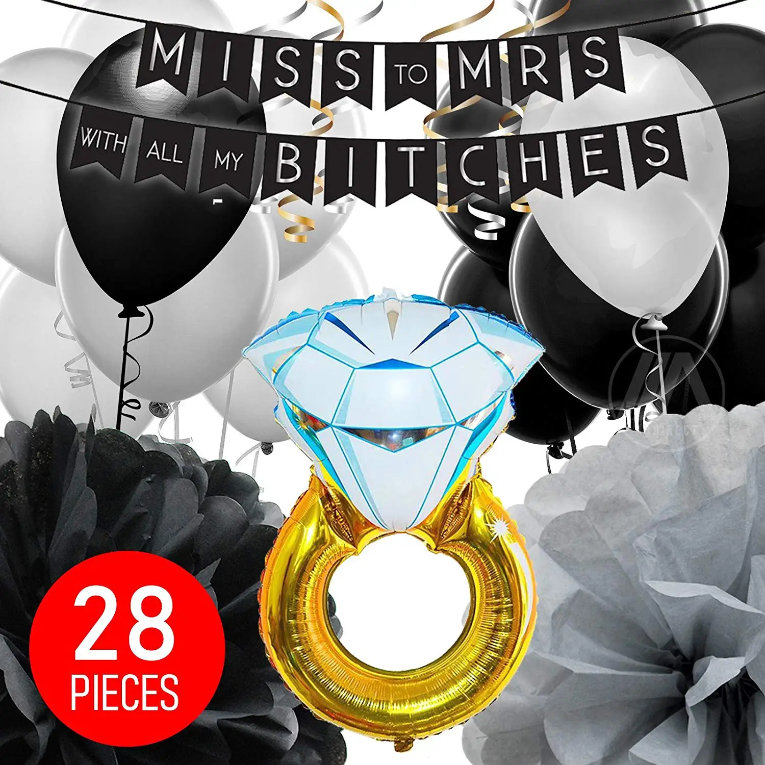 
Bachelorette Party Decorations Set Engagement Bridal Shower Supplies Kit Miss to Mrs Banner Swirls paper Pom Poms black gold 