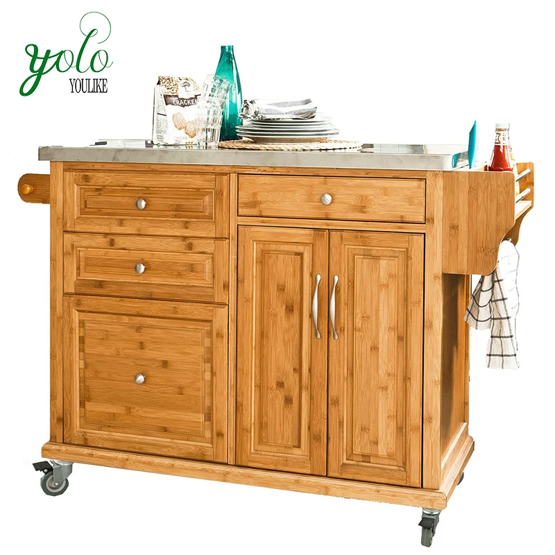 
Storage Serving Cabinet Bamboo Kitchen Trolley with Stainless Steel Worktop 