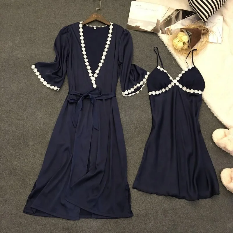 Two-piece Satin Pajamas Set Soft Robe and Sleeping Dress Silk Lace Trim Sleepwear
