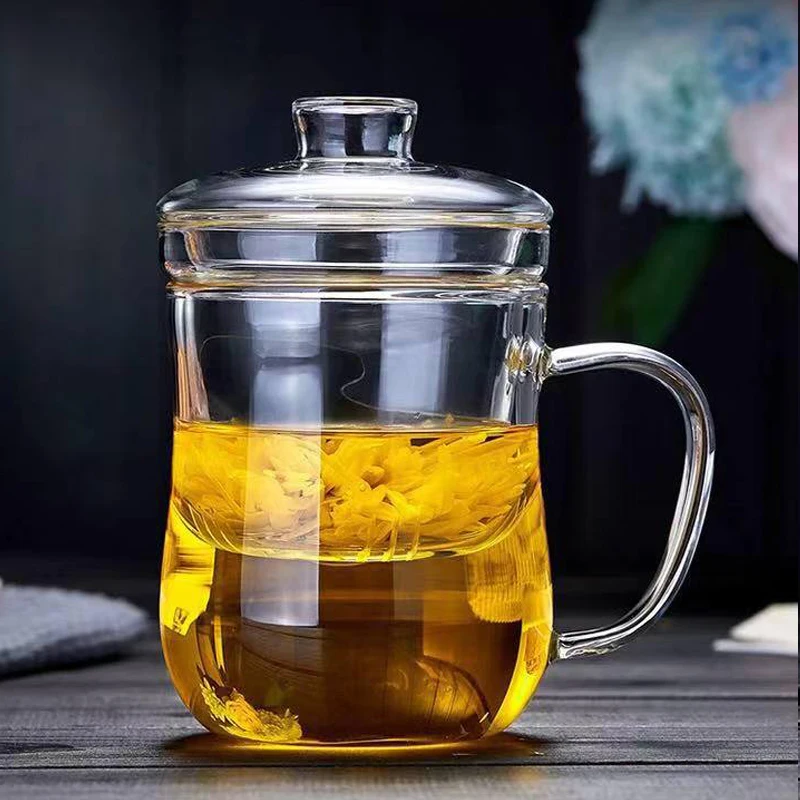 Chinese Tea Set Three-piece Scented Tea Cup with Filter Hand-blown Round Penguin Mug with Animal Print Glass Lid Heatable 500ml