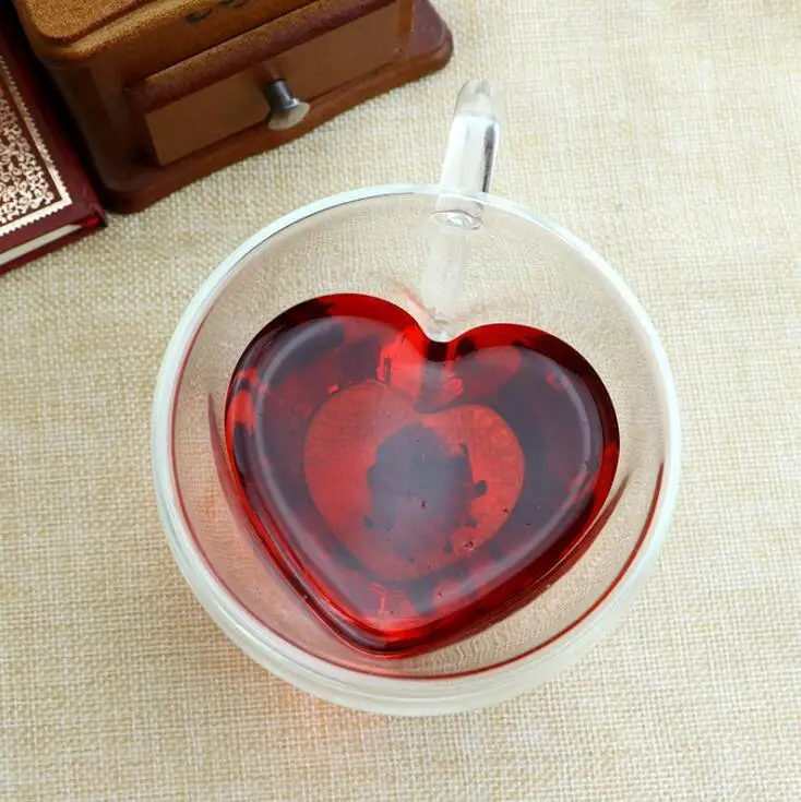 O216 180ML 240ML Double Wall Tea Beer Mug Milk Juice Coffee Cups Heart Shaped Glass Cup