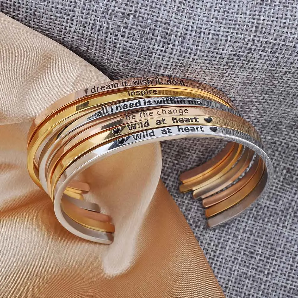 Wholesale Custom Logo 316L Stainless Steel Jewelry Engraved Inspirational Stamped Message Bangles Cuff Bracelets For Women