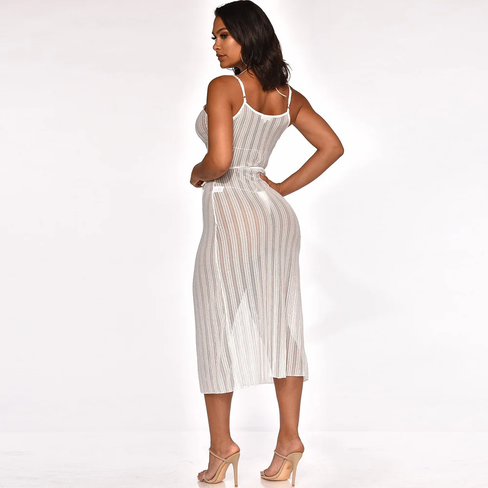 White Sexy Transparent Dress Women V neck Sleeveless Dress Lace Up Midi Dress