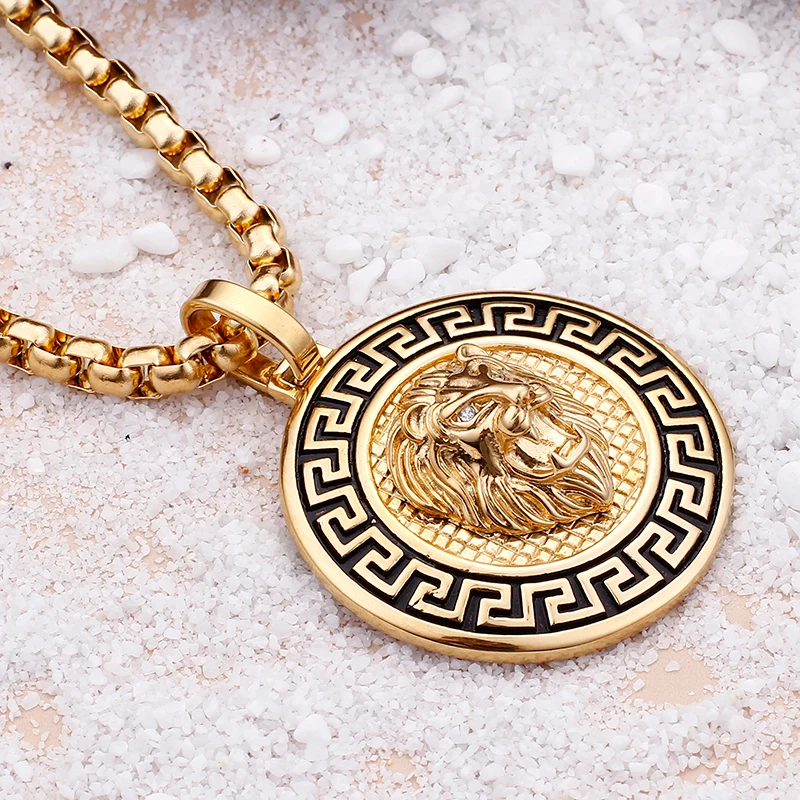 The Lion Heart CZ Round Pendant Men Necklace Accessories Jewelry