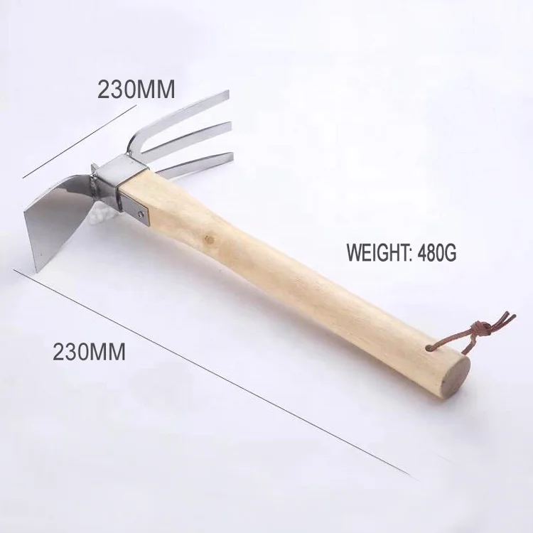 Stainless Steel Blade Cultivator Hand Tiller Tools Double Head Hoe with Wood Handle RLXCX04