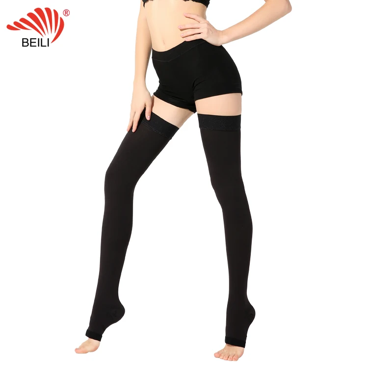 OEM anti varicose veins medical thigh high open toe beige black compression stockings with best price