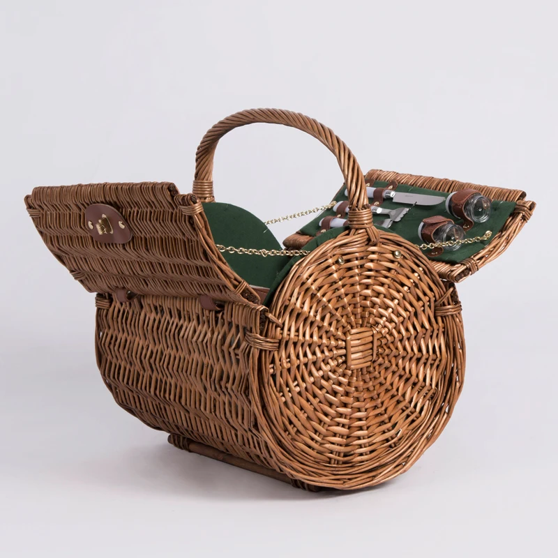 Good Cheap Brown Colored Junket Food Fruit Storage Hamper Handbag Round Willow Rattan Wicker Picnic Basket With Handles
