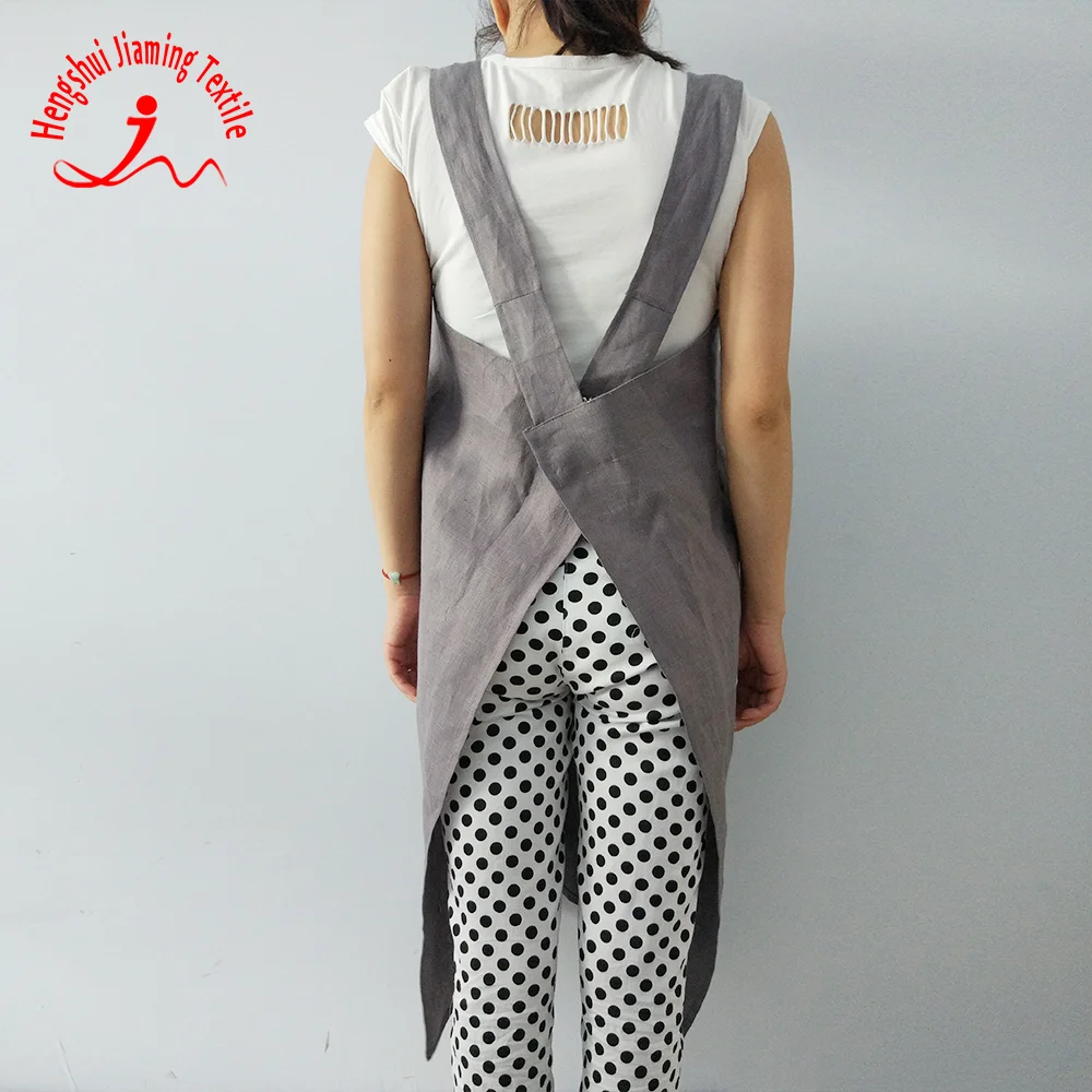 Beauty Women cross back linen apron kitchen cooking long apron with pocket linen crossback apron