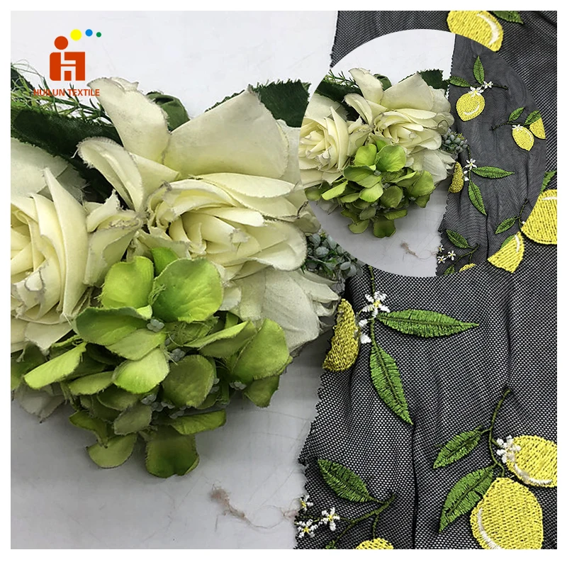 lemon design multi color flat embroidery stretched mesh fabric for lady dress