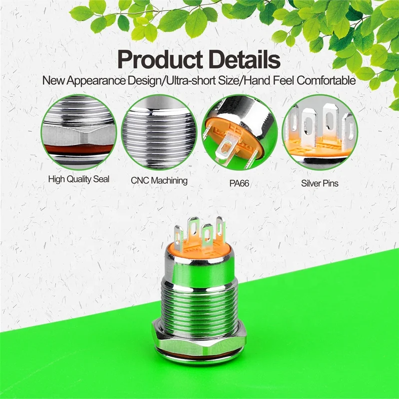 LANBOO 12mm Aluminum Oxide Black with Red/Green/Blue Bright LED Illumination pushbutton Self-Lock or Reset 1NO