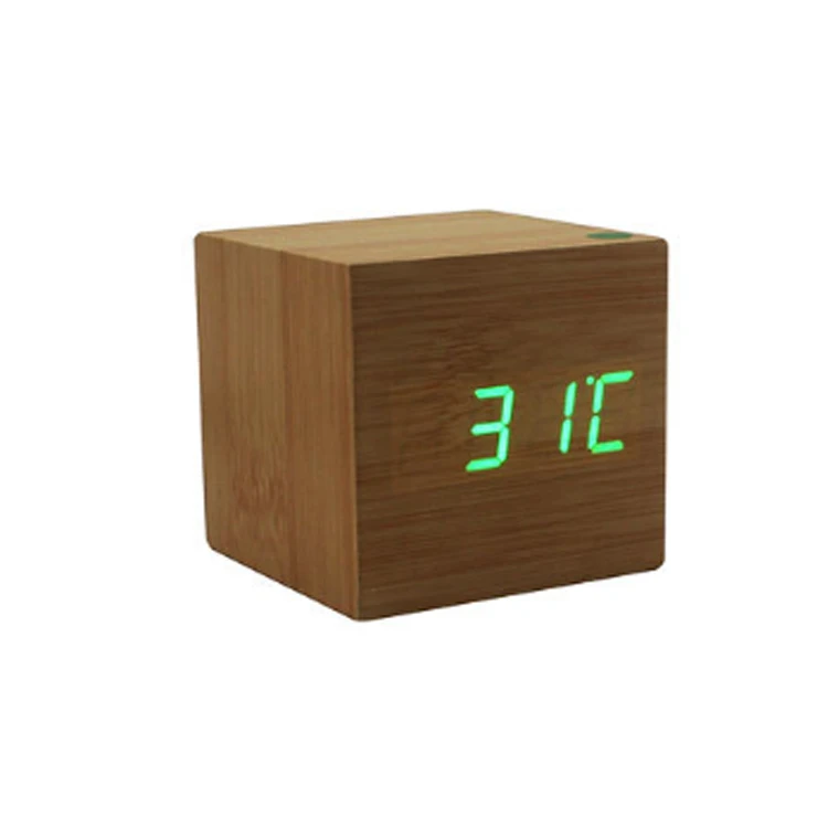 Desktop Different Colored Fonts Digital Thermometer Temperature Time and Date Roller Play Wooden Alarm Clock