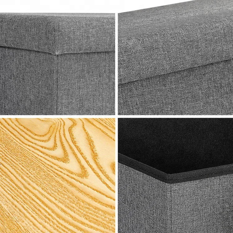 Linen fabric cover folding storage ottoman bench with tray