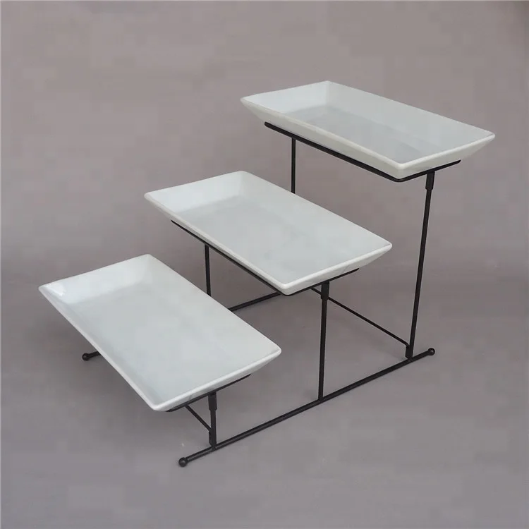 Restaurant buffet used rectangle shape white color serving plates 3 tier ceramic dish