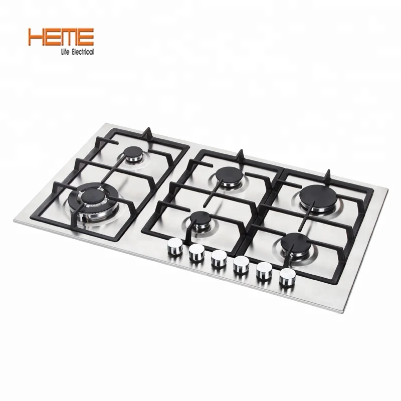 Durable Cast Iron Pan Support Stainless Steel Gas Hob Battery Ignition 6 Burner Built In Gas Cooktop