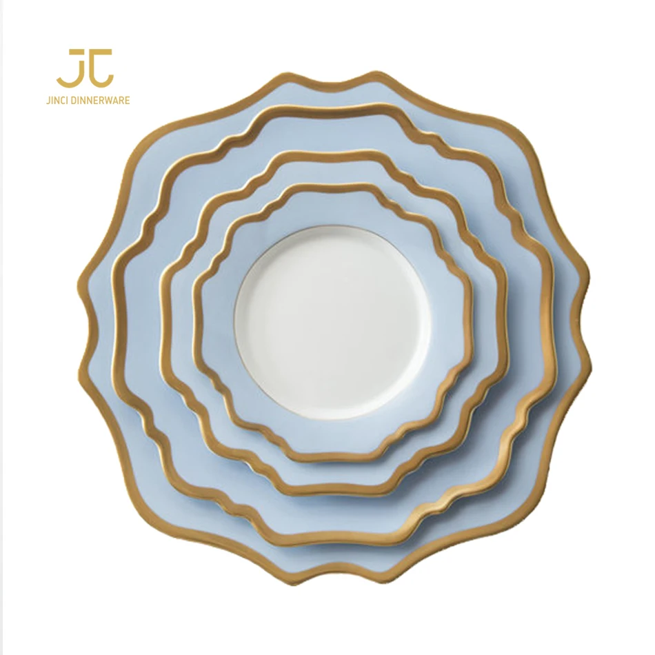 Blue White Porcelain Gold Rim Customized Print Dinner Sets Plates for