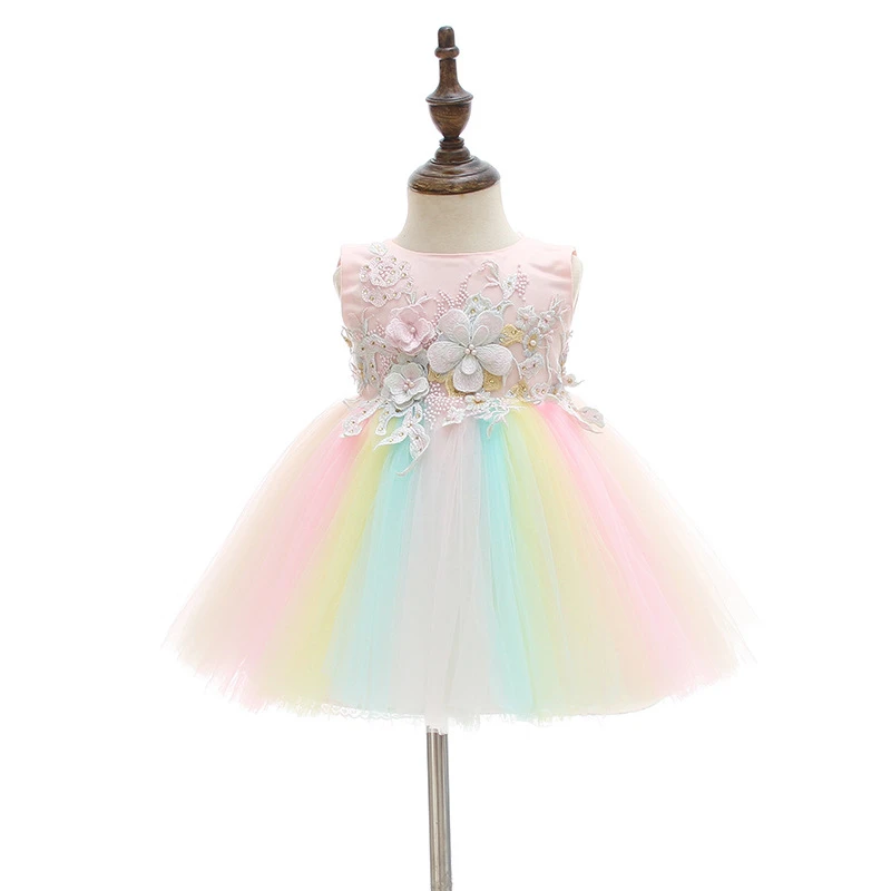 Boutique Wholesale Baby Girl Rainbow Color Dresses Princess Appliques Lace Tulle Infant Girls Pink Tutu Floral Dress