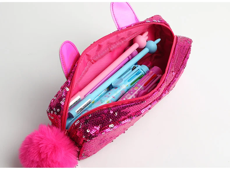 Custom cute school glitter sequin round pencil case with zipper