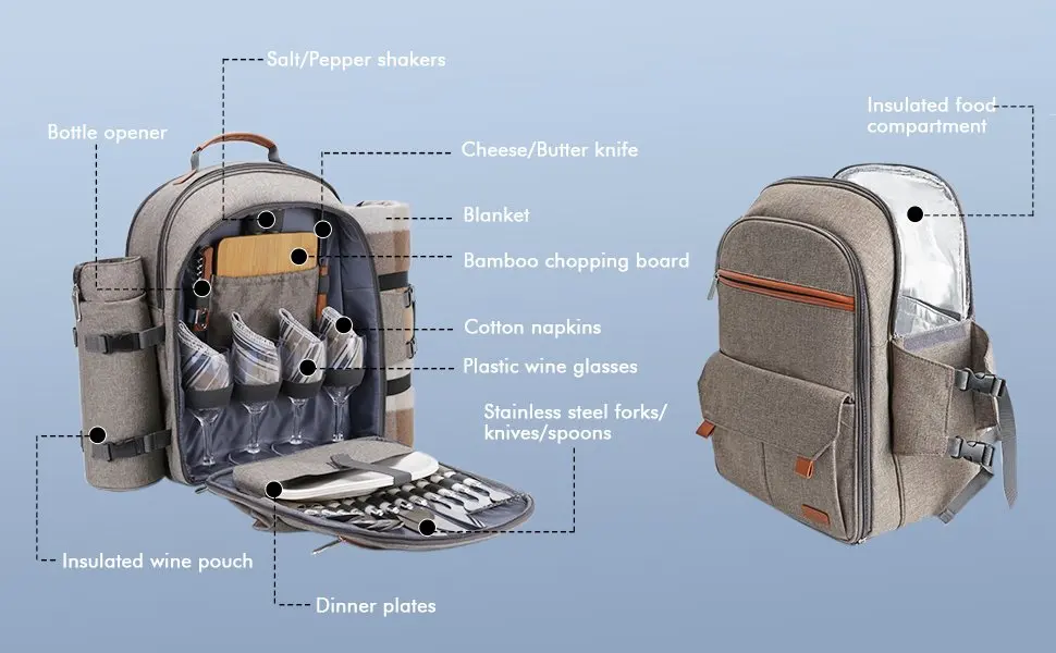 
Custom Camping Bag 4 persons Picnic Backpack with Tableware and Wine Bottle Holder 