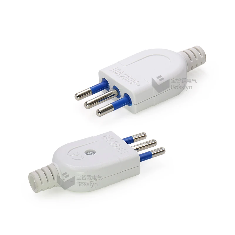 3 Pin Power Plug Electrical Plug Type L Italy Rewireable Italian 10A 250v CE 4.0mm with Insulation Pin Standard Grounding White