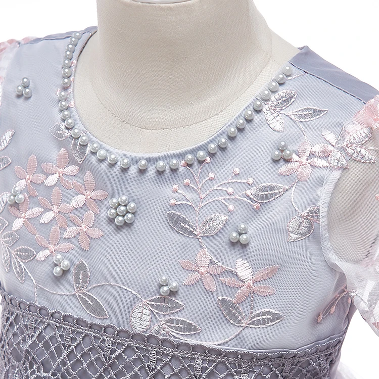 
Summer Embroidery Flower Girls Party Evening Dress Flare Sleeve Pink Gray Color Free Shipping 